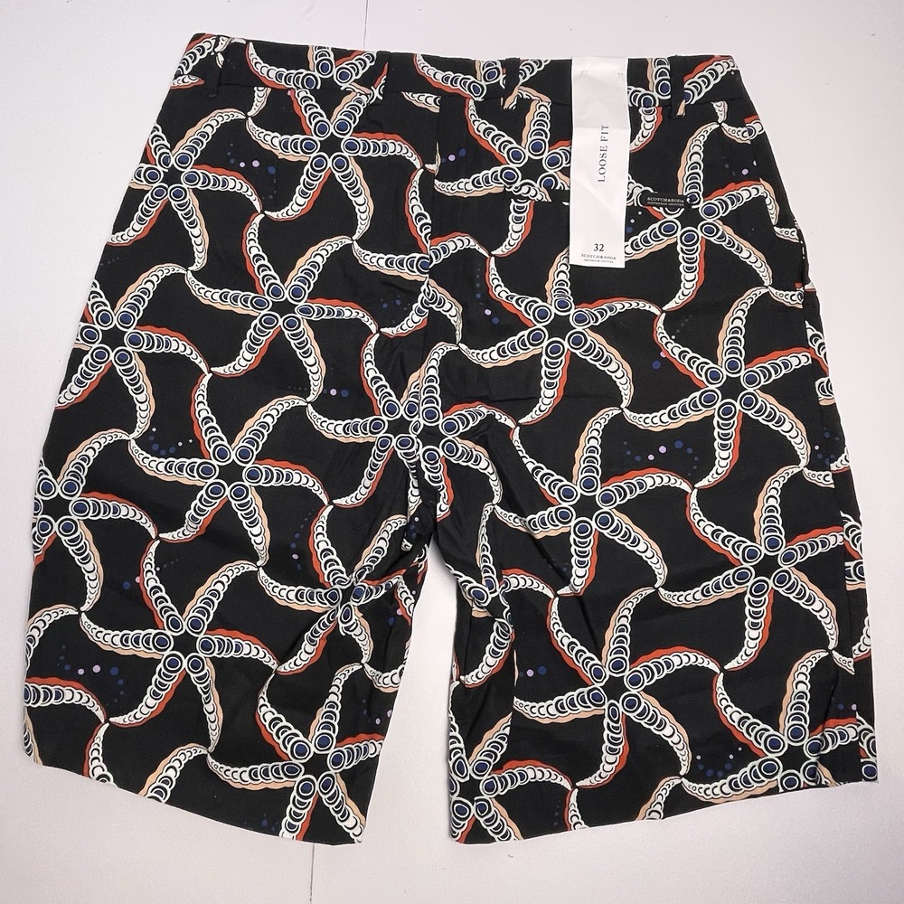 Scotch & Soda Mens 32 Black Blue Starfish AOP Linen Blend Chino Shorts Loose NEW - Picture 3 of 14